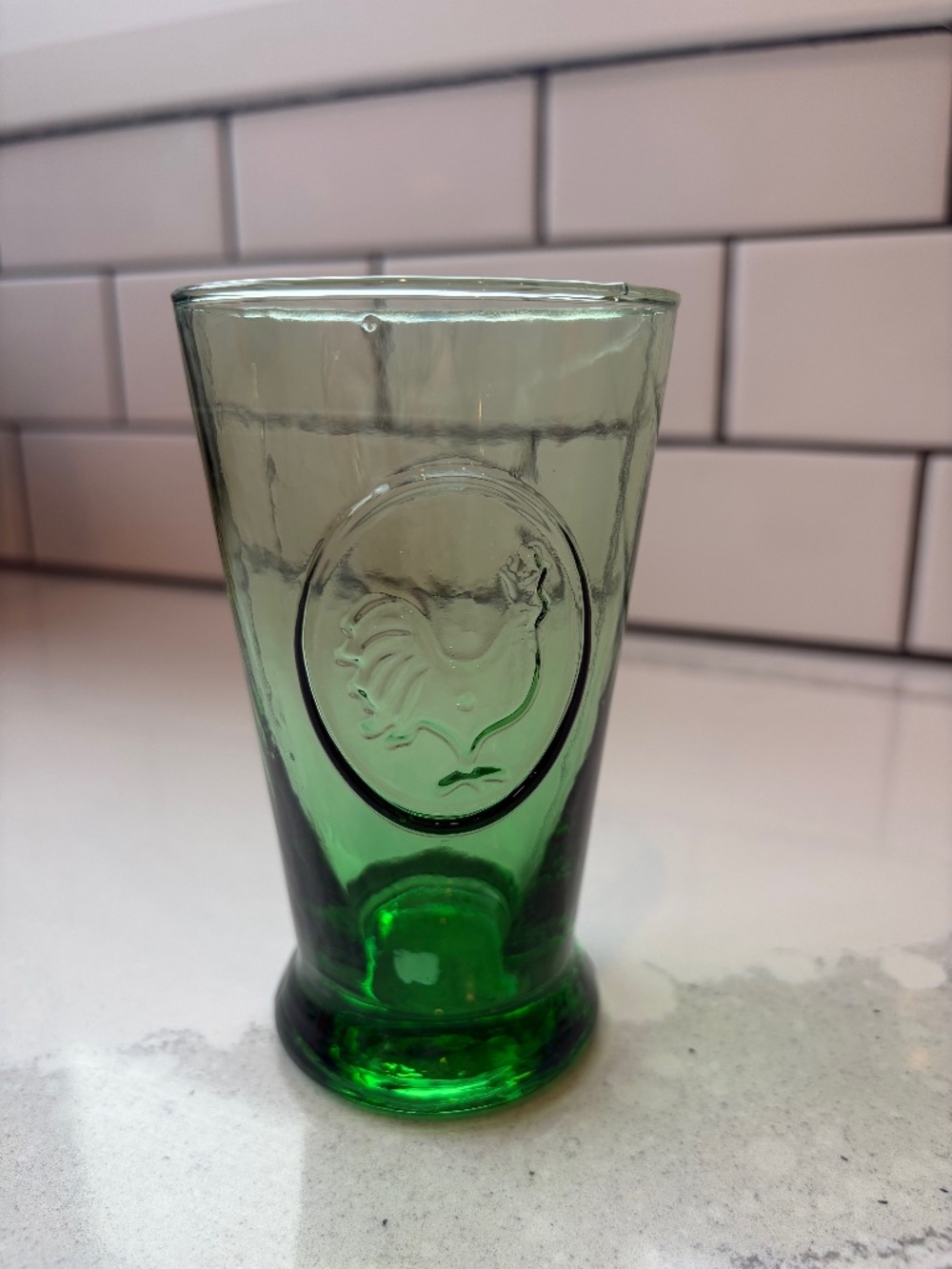 La Rochère green glass tumbler 9oz vintage embossed rooster Alpine series